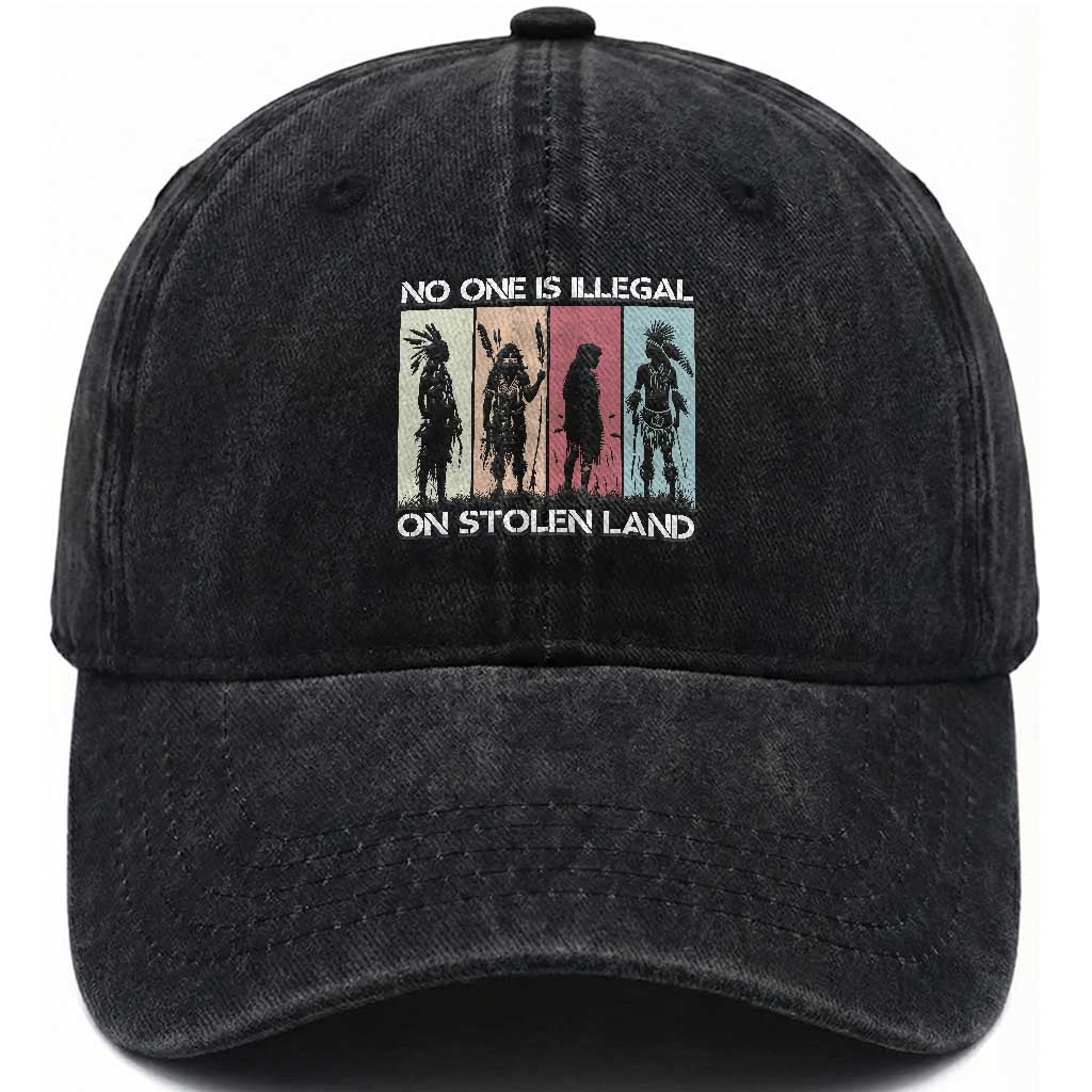 No One is Illegal on Stolen Land Washed Cotton Baseball Cap Native American Indigenous