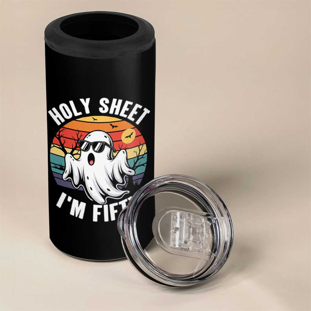 50th Birthday Halloween Ghost 4 in 1 Can Cooler Tumbler Holy Sheet I'm Fifty