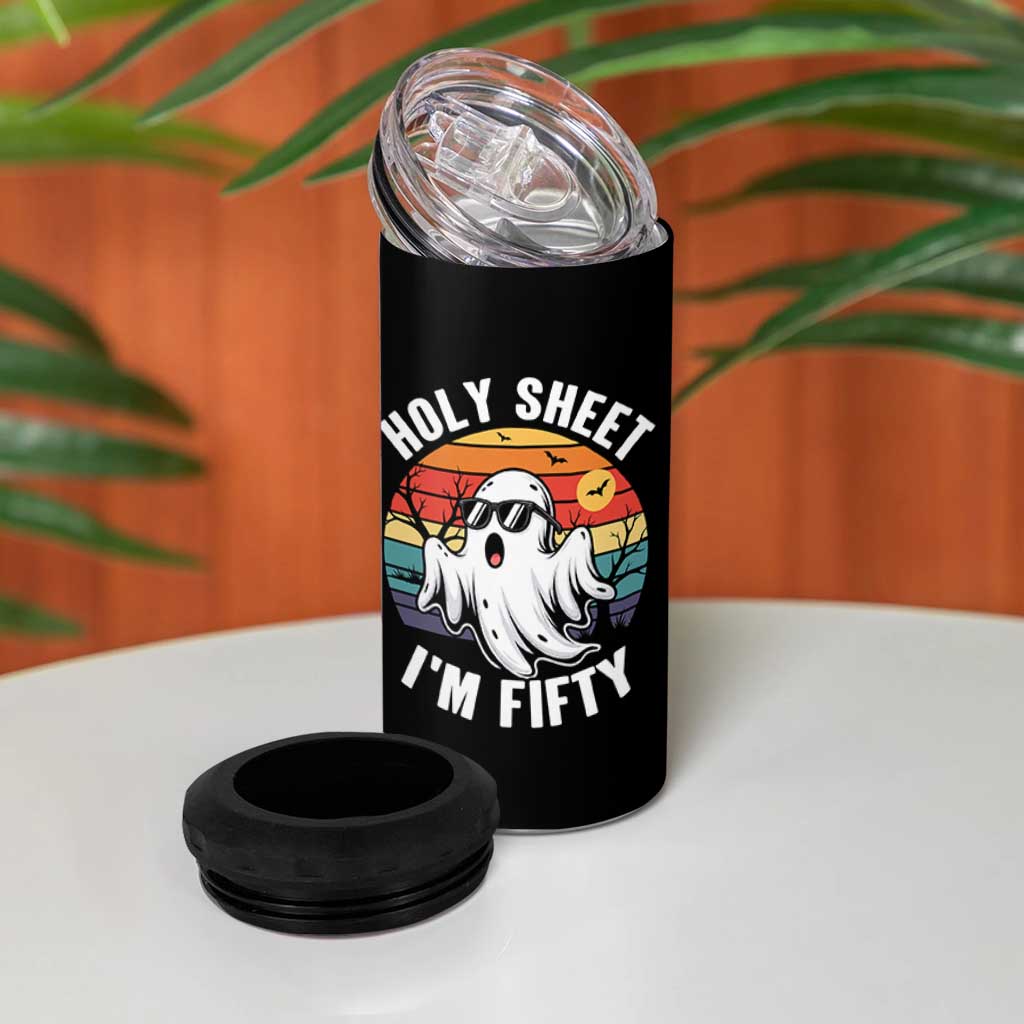 50th Birthday Halloween Ghost 4 in 1 Can Cooler Tumbler Holy Sheet I'm Fifty