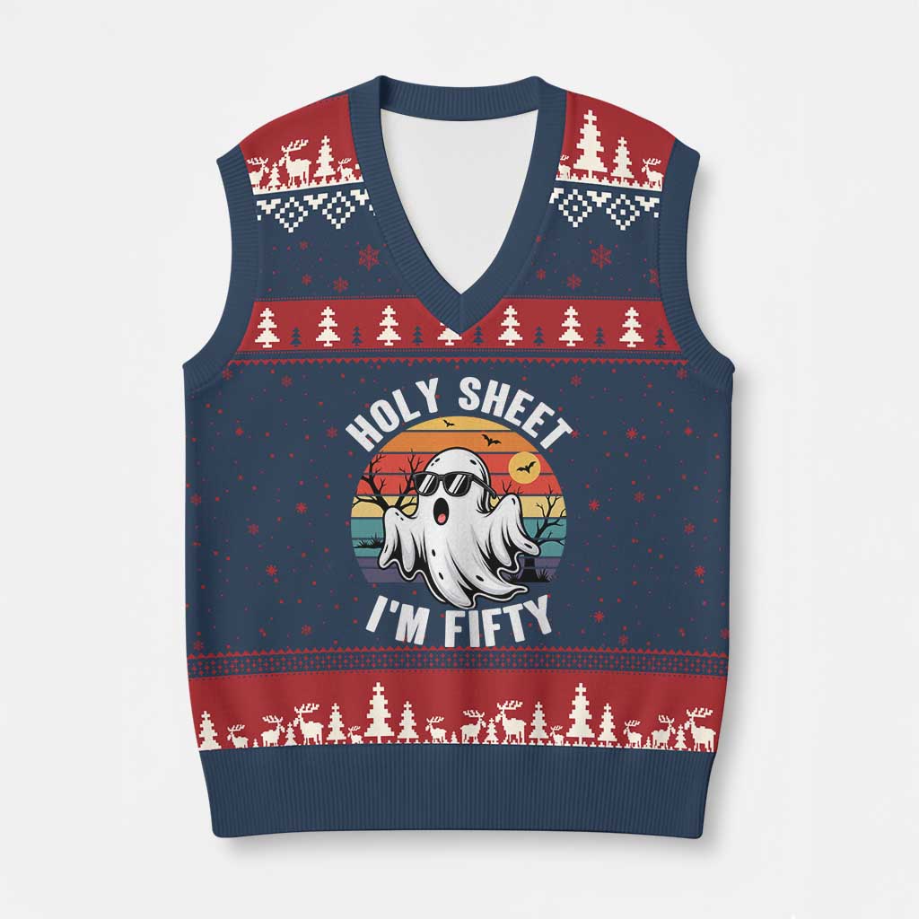 50th Birthday Halloween Ghost V-Neck Knit Sweater Vest Holy Sheet I'm Fifty