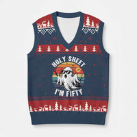 50th Birthday Halloween Ghost V-Neck Knit Sweater Vest Holy Sheet I'm Fifty