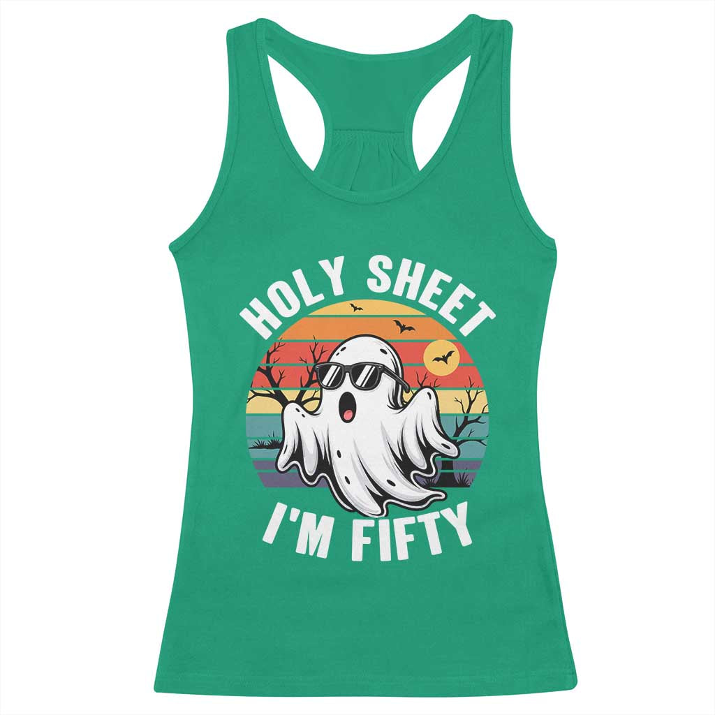 50th Birthday Halloween Ghost Racerback Tank Top Holy Sheet I'm Fifty