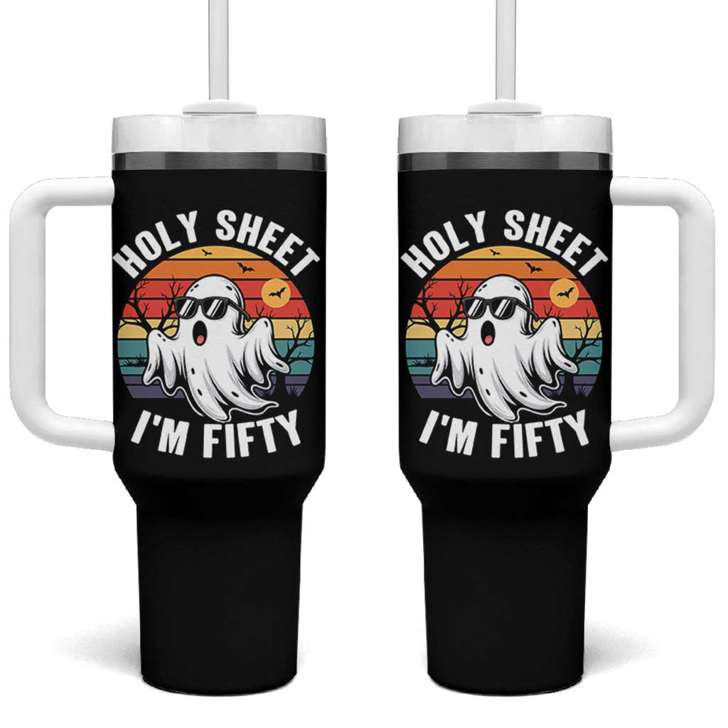 50th Birthday Halloween Ghost Tumbler With Handle Holy Sheet I'm Fifty