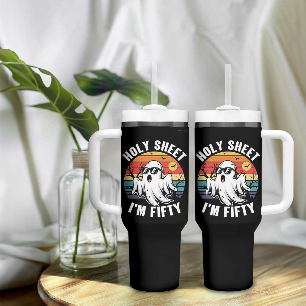 50th Birthday Halloween Ghost Tumbler With Handle Holy Sheet I'm Fifty