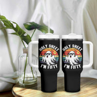 50th Birthday Halloween Ghost Tumbler With Handle Holy Sheet I'm Fifty