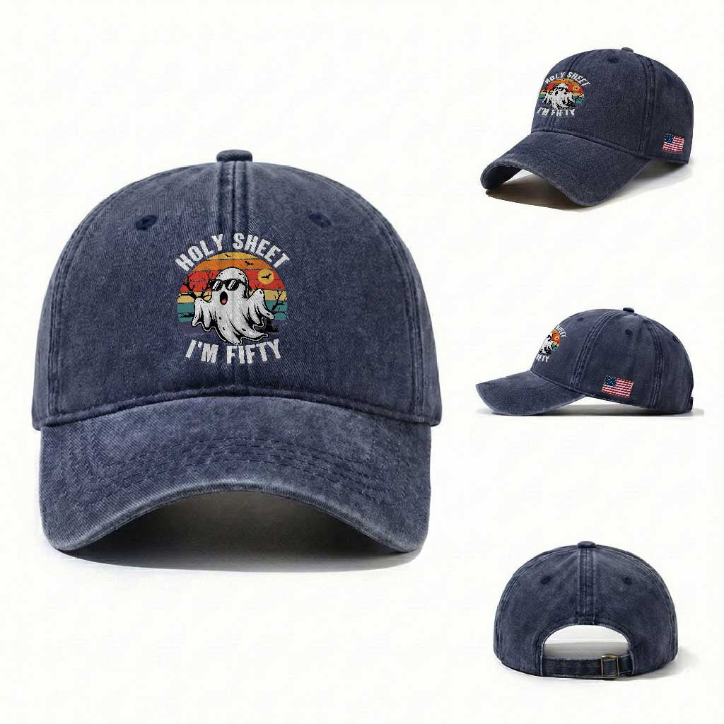 50th Birthday Halloween Ghost Washed Cotton Baseball Cap Holy Sheet I'm Fifty