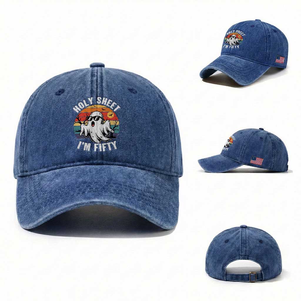 50th Birthday Halloween Ghost Washed Cotton Baseball Cap Holy Sheet I'm Fifty