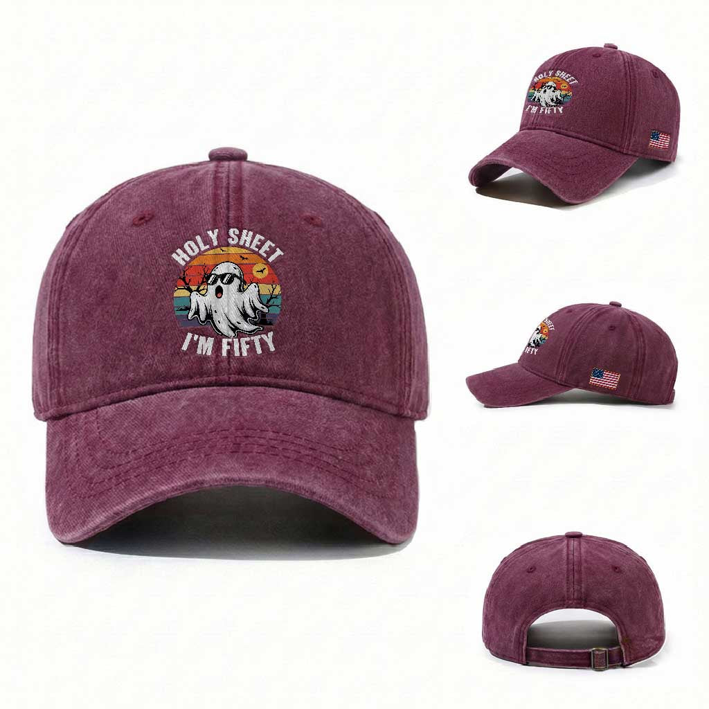 50th Birthday Halloween Ghost Washed Cotton Baseball Cap Holy Sheet I'm Fifty
