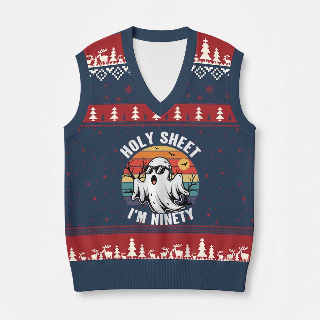 90th Birthday Halloween Ghost V-Neck Knit Sweater Vest Holy Sheet I'm Ninety