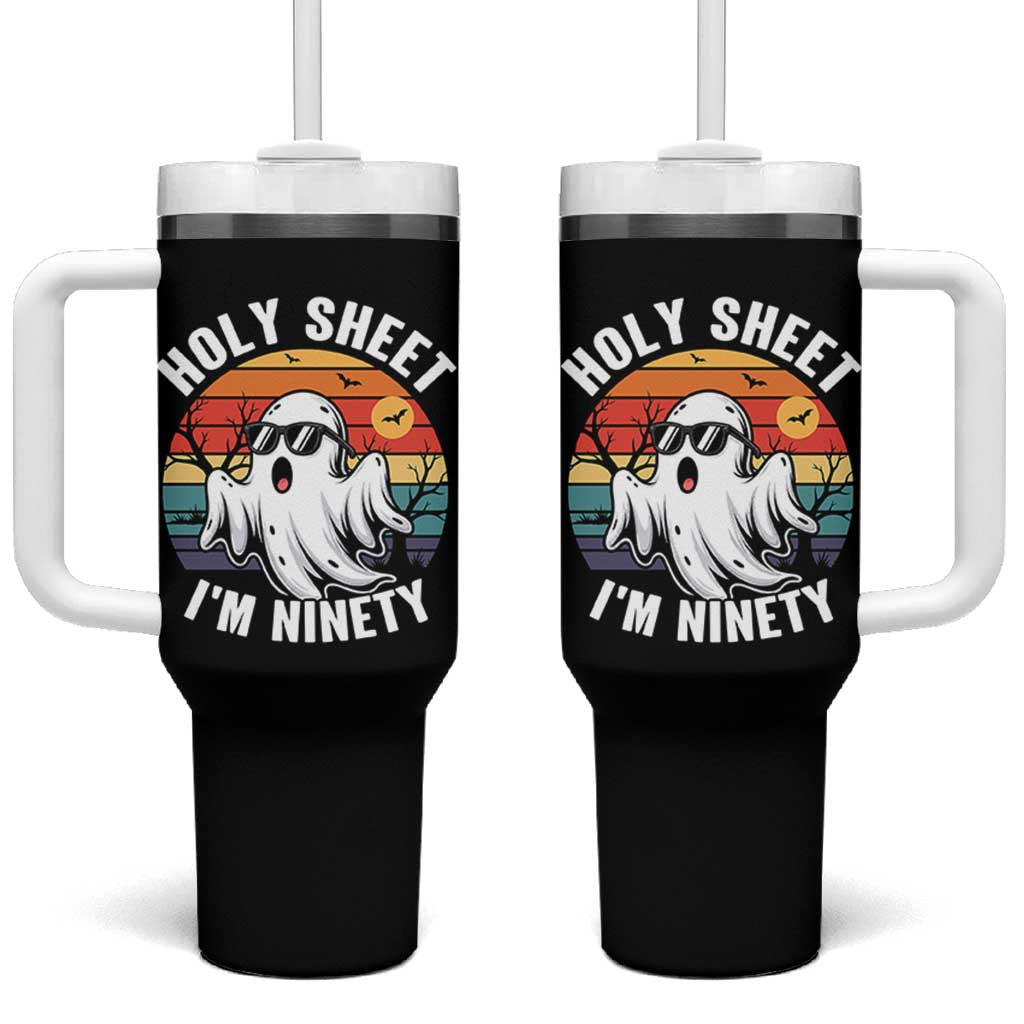 90th Birthday Halloween Ghost Tumbler With Handle Holy Sheet I'm Ninety