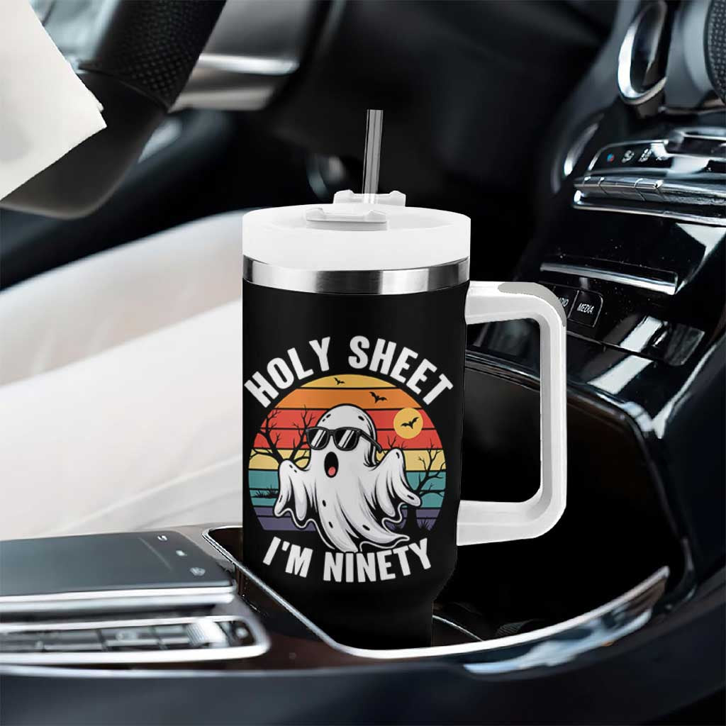 90th Birthday Halloween Ghost Tumbler With Handle Holy Sheet I'm Ninety