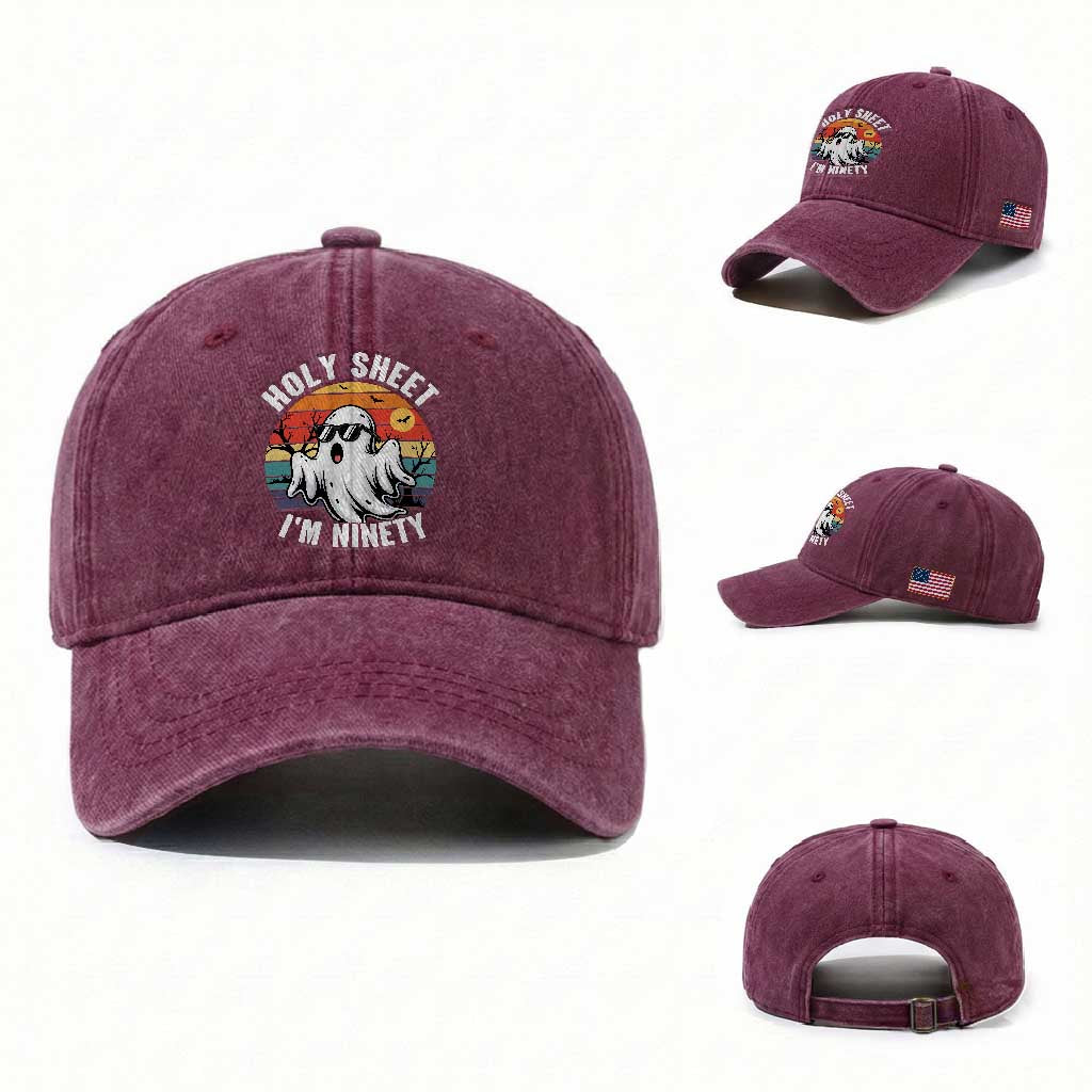 90th Birthday Halloween Ghost Washed Cotton Baseball Cap Holy Sheet I'm Ninety
