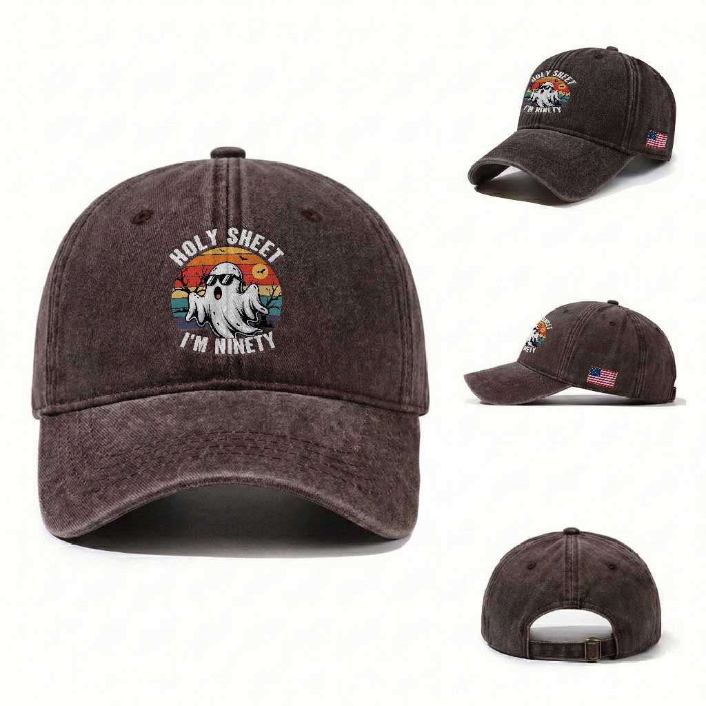 90th Birthday Halloween Ghost Washed Cotton Baseball Cap Holy Sheet I'm Ninety