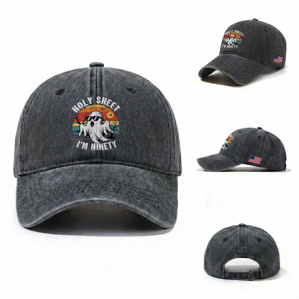 90th Birthday Halloween Ghost Washed Cotton Baseball Cap Holy Sheet I'm Ninety