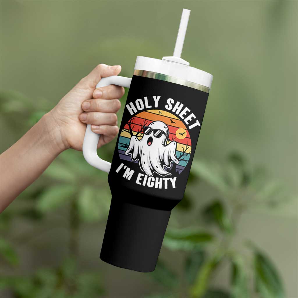 80th Birthday Halloween Ghost Tumbler With Handle Holy Sheet I'm Eighty