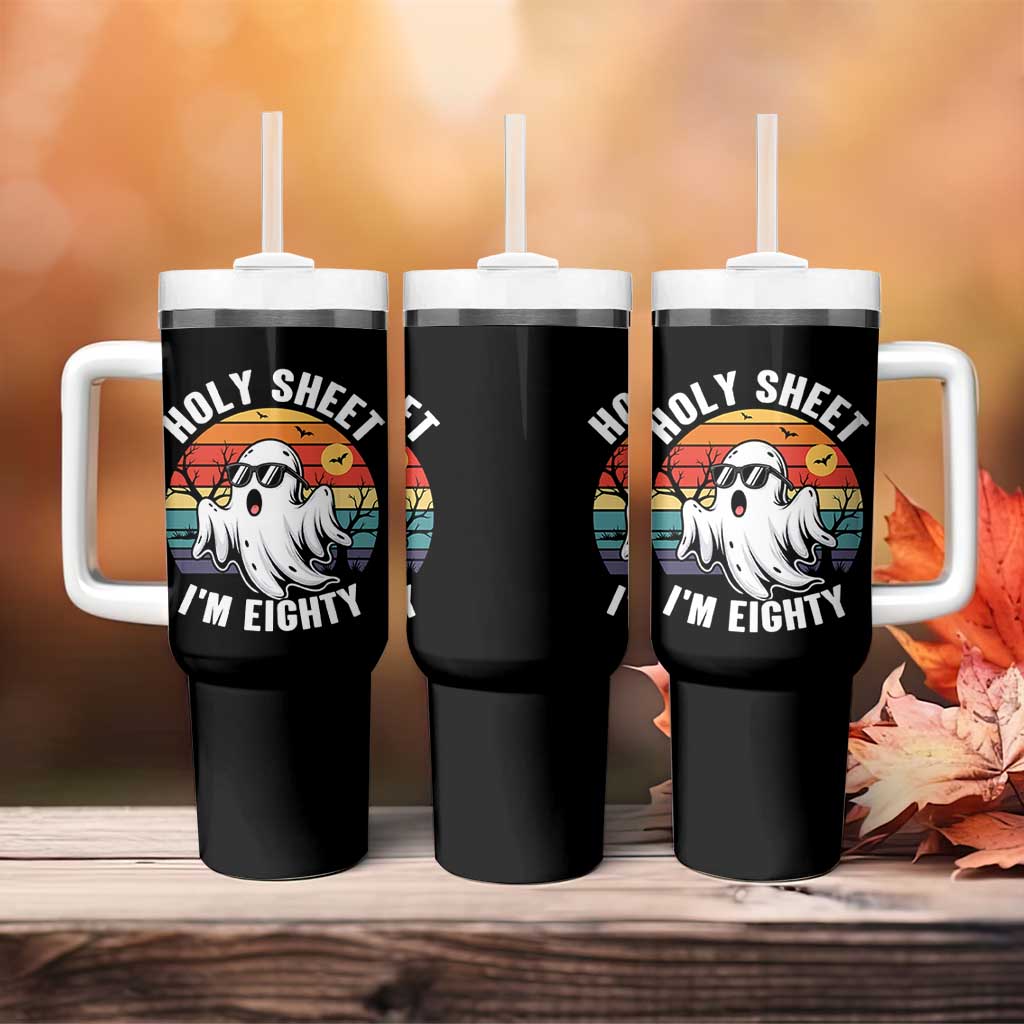 80th Birthday Halloween Ghost Tumbler With Handle Holy Sheet I'm Eighty