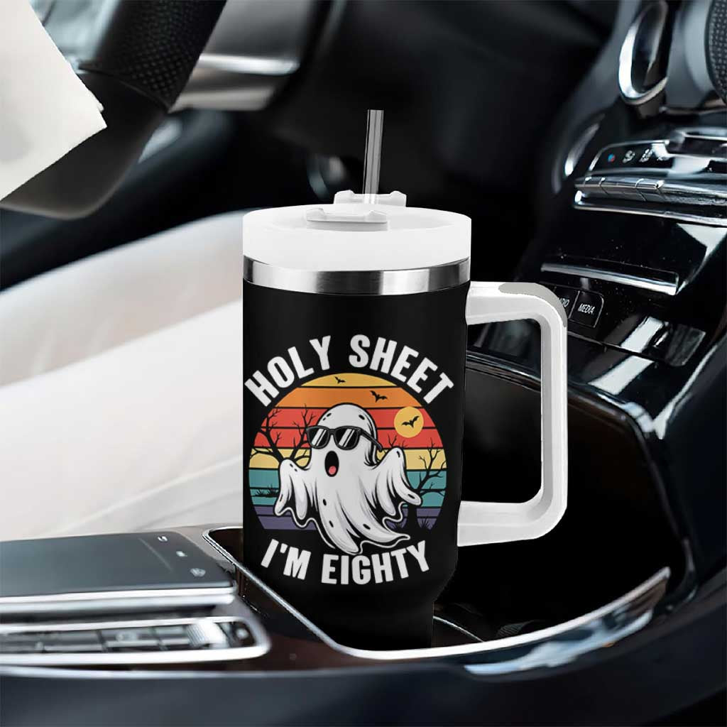 80th Birthday Halloween Ghost Tumbler With Handle Holy Sheet I'm Eighty