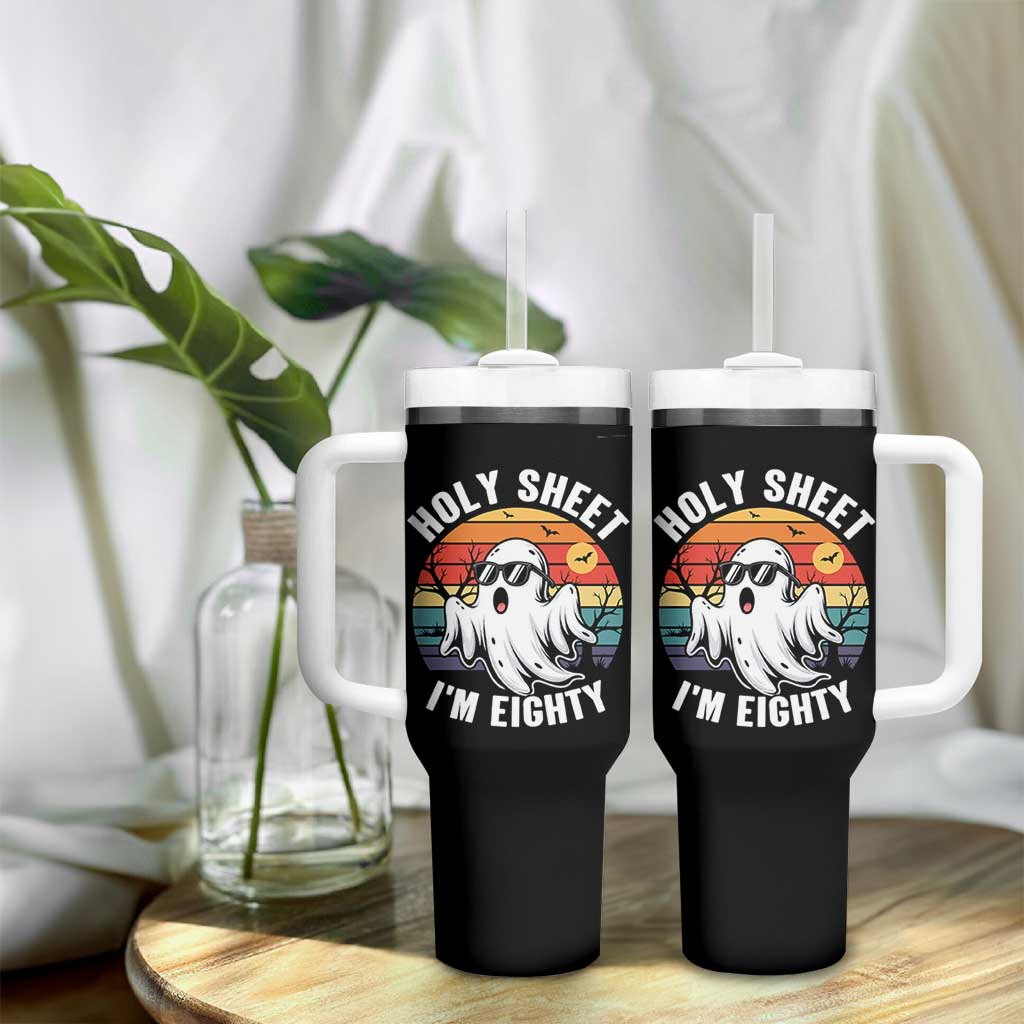 80th Birthday Halloween Ghost Tumbler With Handle Holy Sheet I'm Eighty