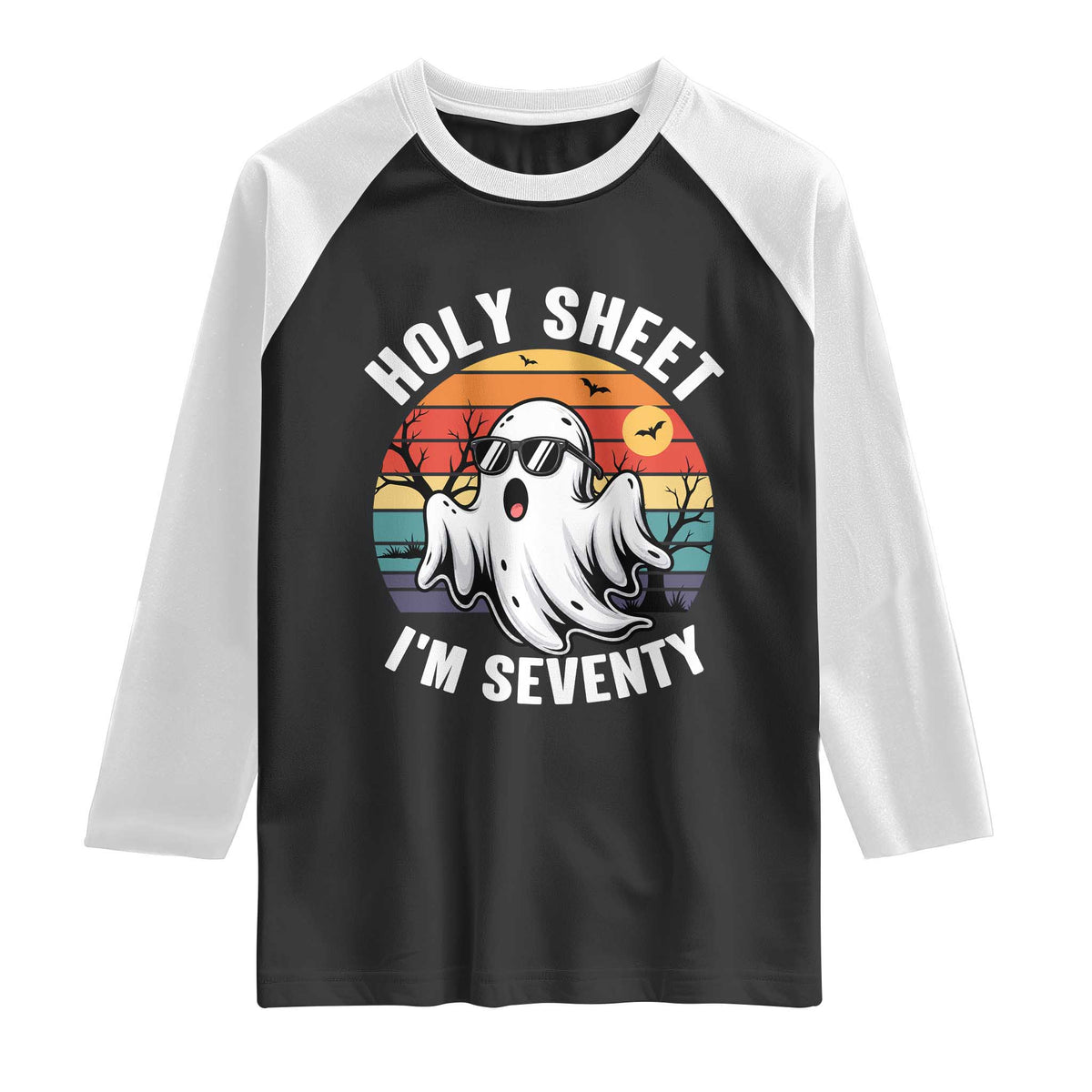 70th Birthday Halloween Ghost Raglan Shirt Holy Sheet I'm Seventy