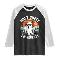 70th Birthday Halloween Ghost Raglan Shirt Holy Sheet I'm Seventy