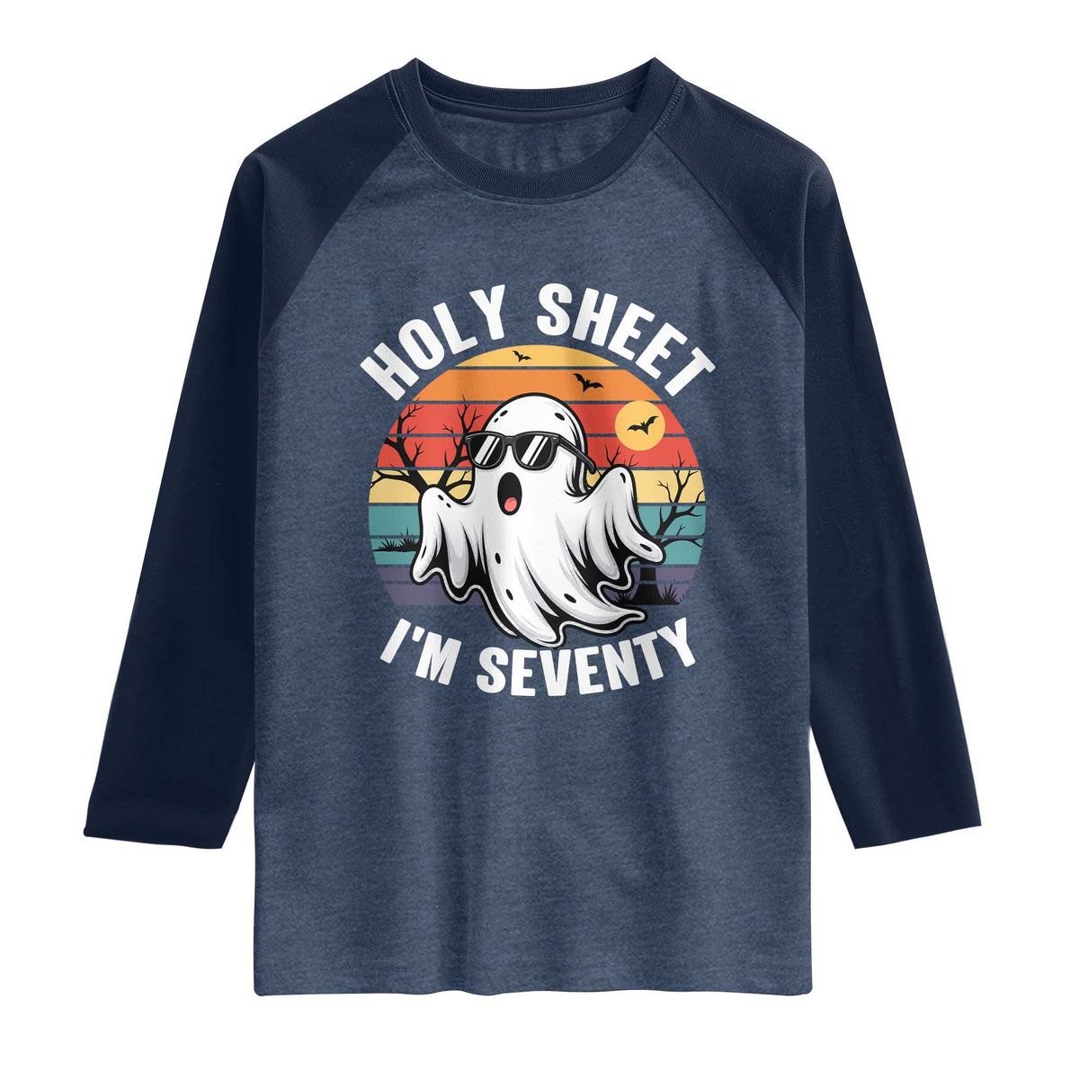 70th Birthday Halloween Ghost Raglan Shirt Holy Sheet I'm Seventy