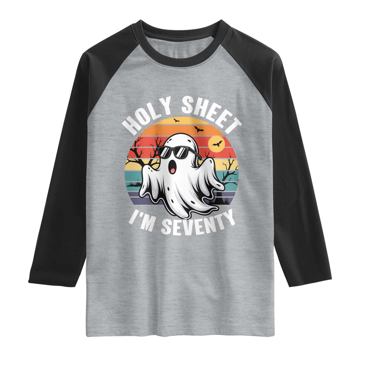 70th Birthday Halloween Ghost Raglan Shirt Holy Sheet I'm Seventy