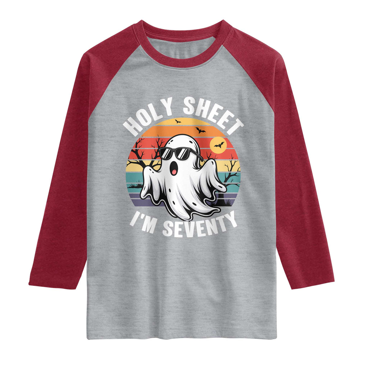 70th Birthday Halloween Ghost Raglan Shirt Holy Sheet I'm Seventy