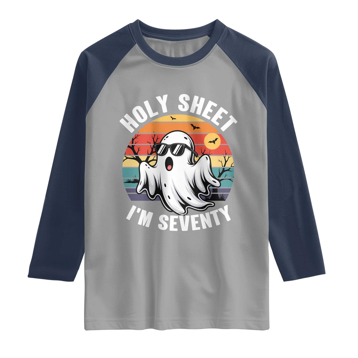 70th Birthday Halloween Ghost Raglan Shirt Holy Sheet I'm Seventy