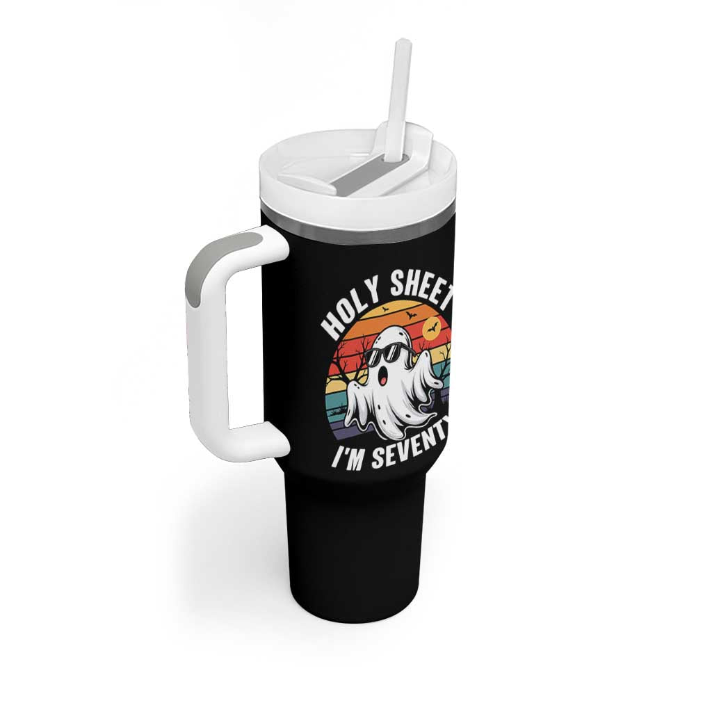 70th Birthday Halloween Ghost Tumbler With Handle Holy Sheet I'm Seventy
