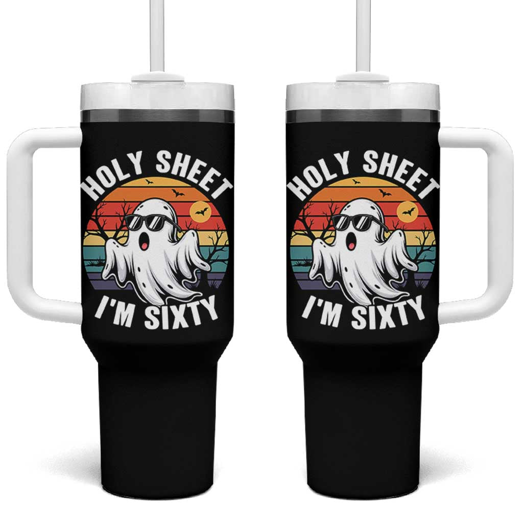 60th Birthday Halloween Ghost Tumbler With Handle Holy Sheet I'm Sixty