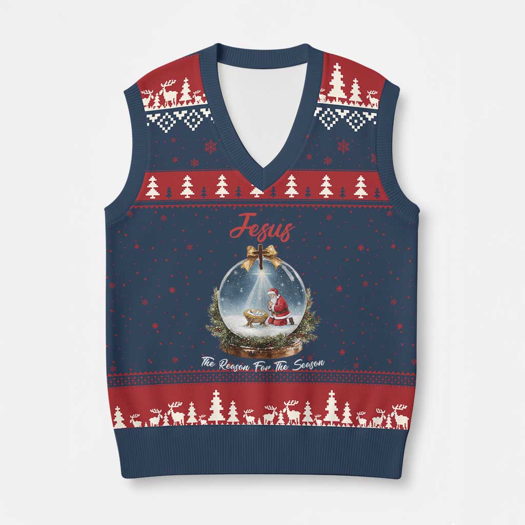 Jesus Santa Xmas V-Neck Knit Sweater Vest The Reason For The Season - Wonder Print Shop