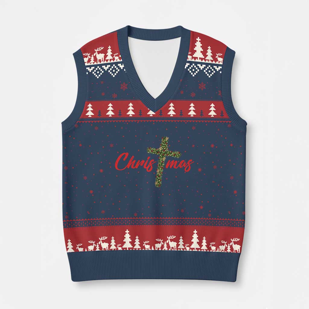 Christian Xmas V-Neck Knit Sweater Vest Cross Lights Faith - Wonder Print Shop