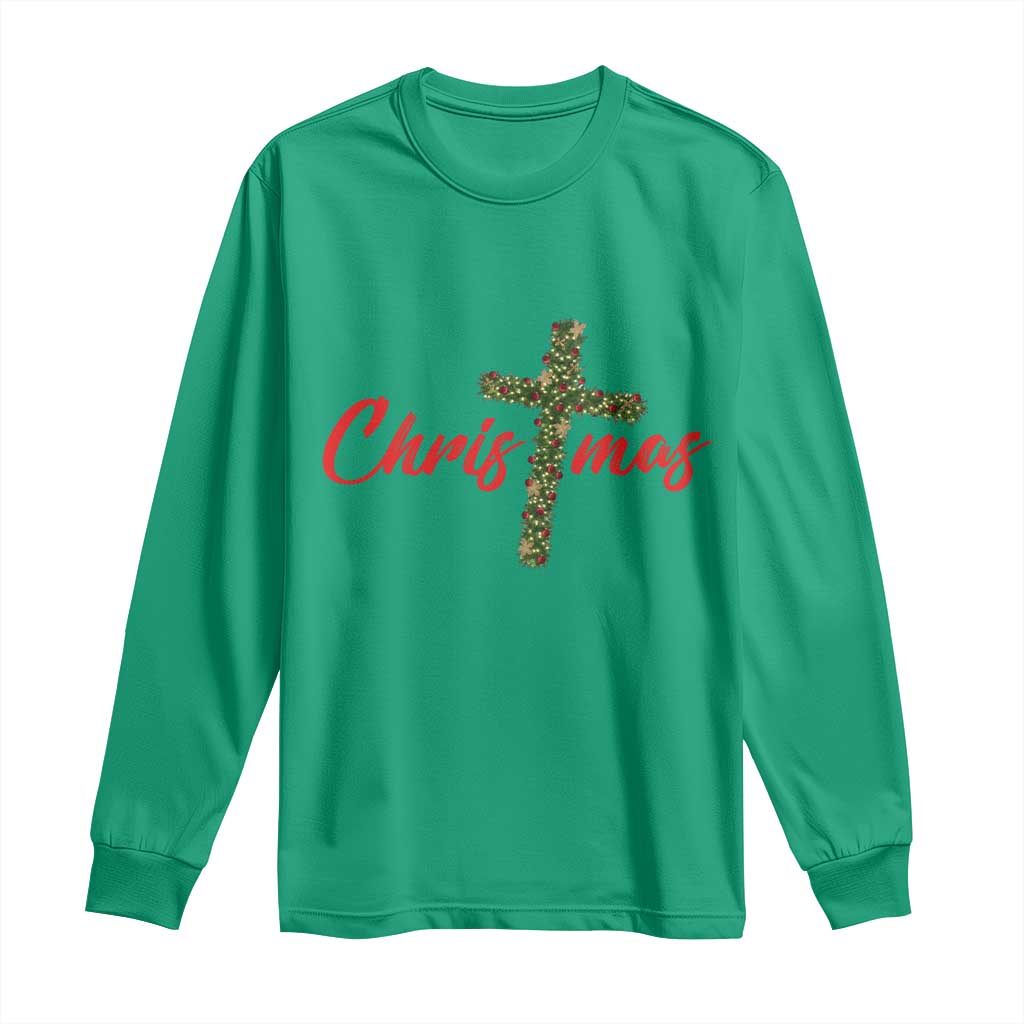Christian Christmas Long Sleeve Shirt Cross Lights Faith - Wonder Print Shop