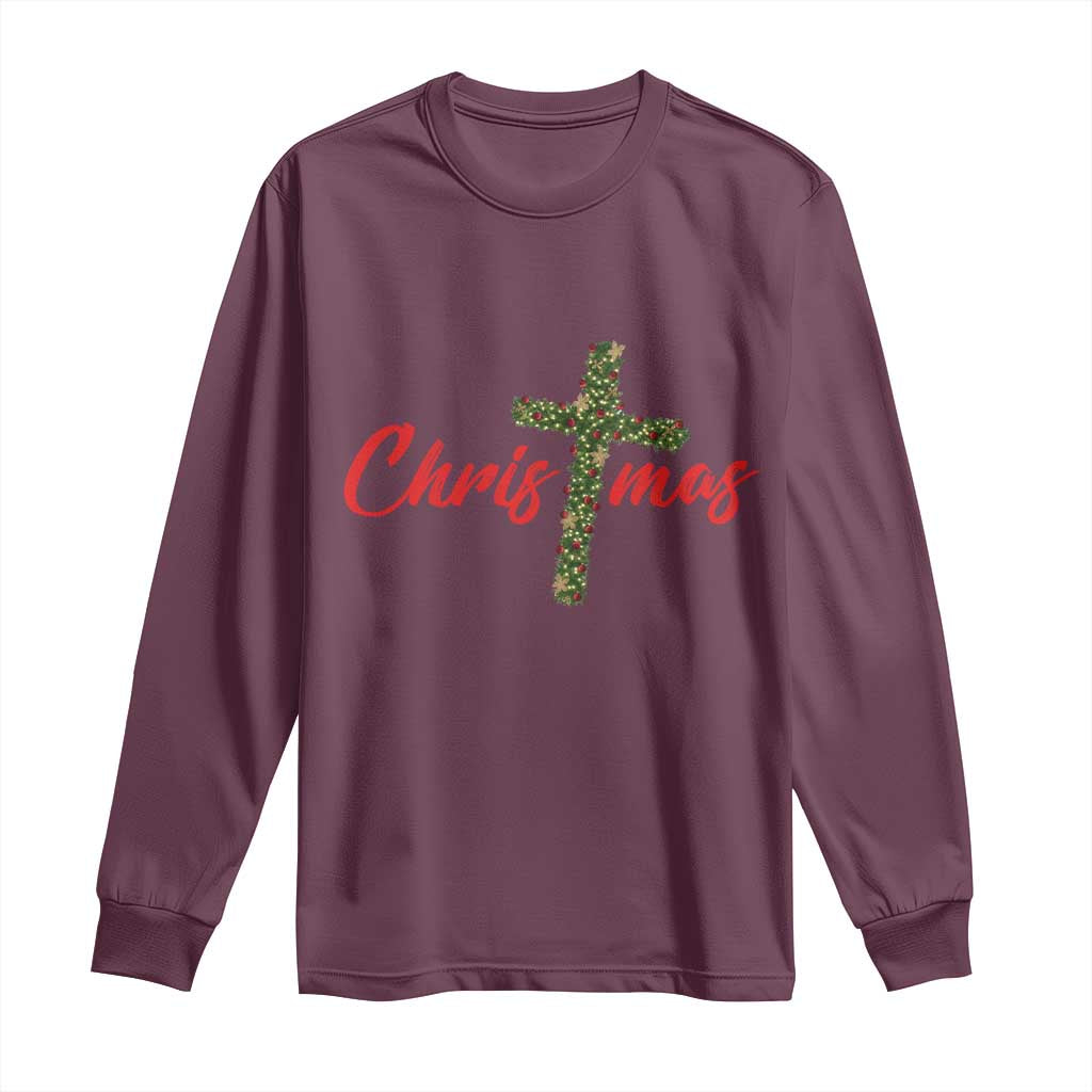 Christian Christmas Long Sleeve Shirt Cross Lights Faith - Wonder Print Shop
