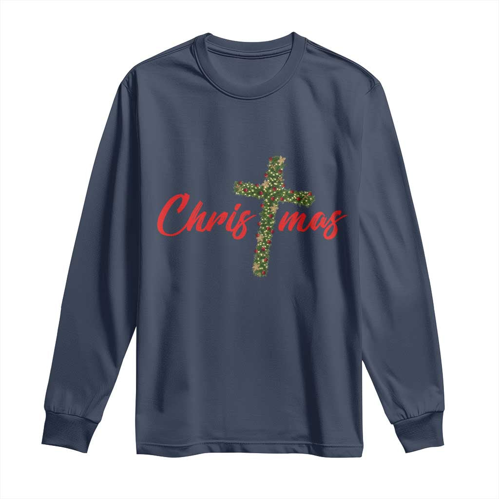 Christian Christmas Long Sleeve Shirt Cross Lights Faith - Wonder Print Shop