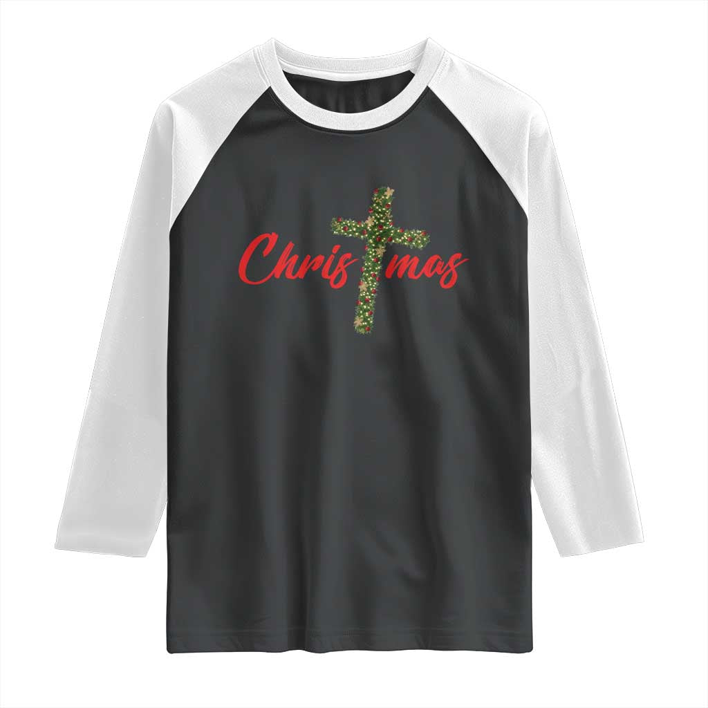 Christian Christmas Raglan Shirt Cross Lights Faith - Wonder Print Shop