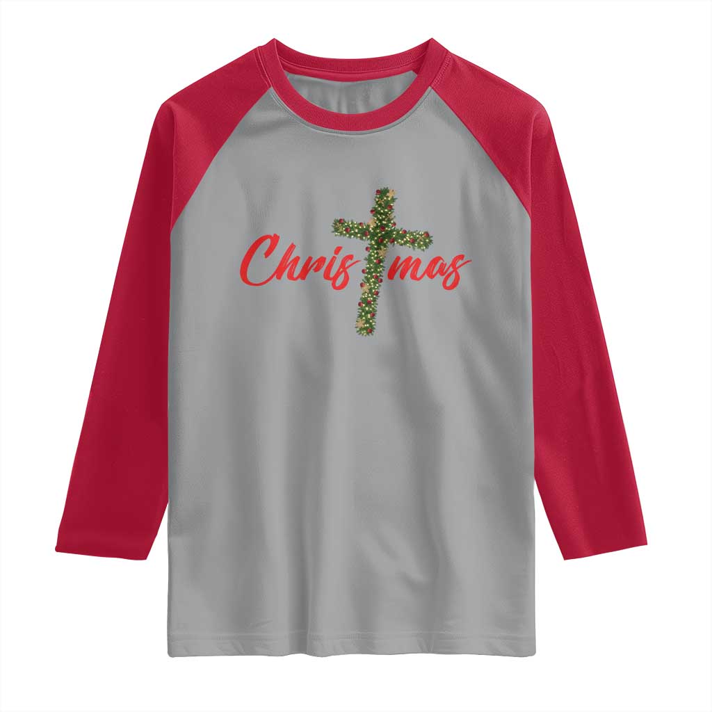 Christian Christmas Raglan Shirt Cross Lights Faith - Wonder Print Shop