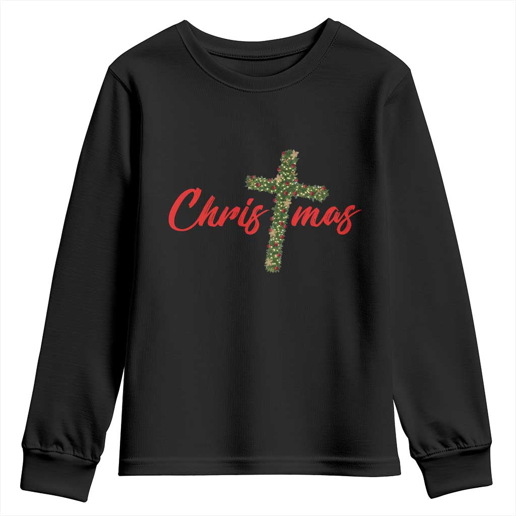 Christian Christmas Youth Sweatshirt Cross Lights Faith - Wonder Print Shop