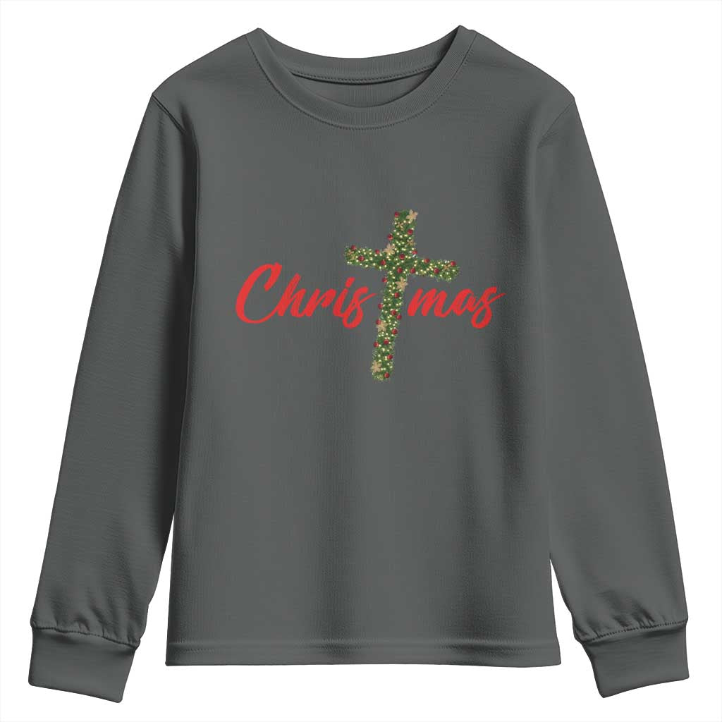 Christian Christmas Youth Sweatshirt Cross Lights Faith - Wonder Print Shop