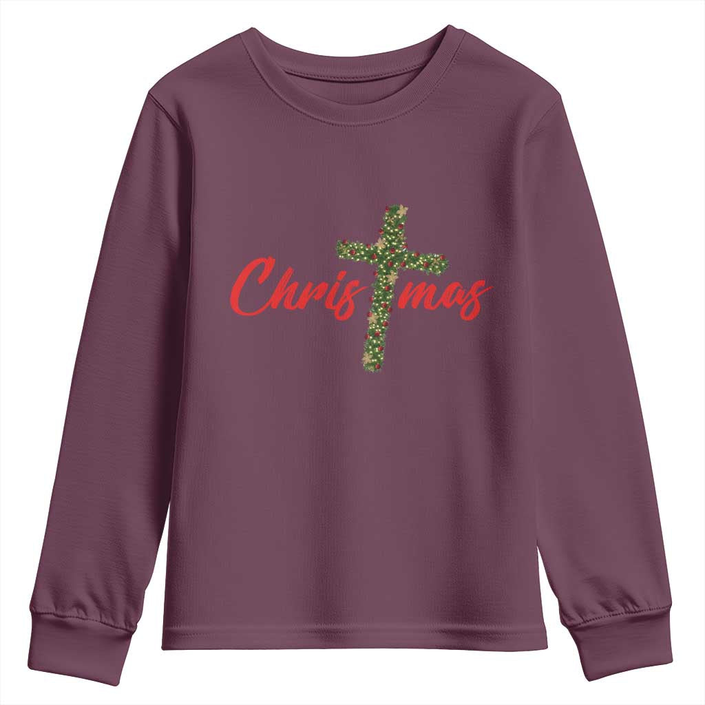 Christian Christmas Youth Sweatshirt Cross Lights Faith - Wonder Print Shop
