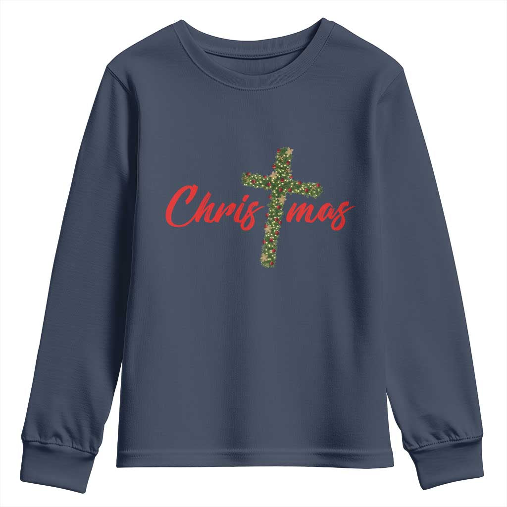 Christian Christmas Youth Sweatshirt Cross Lights Faith - Wonder Print Shop