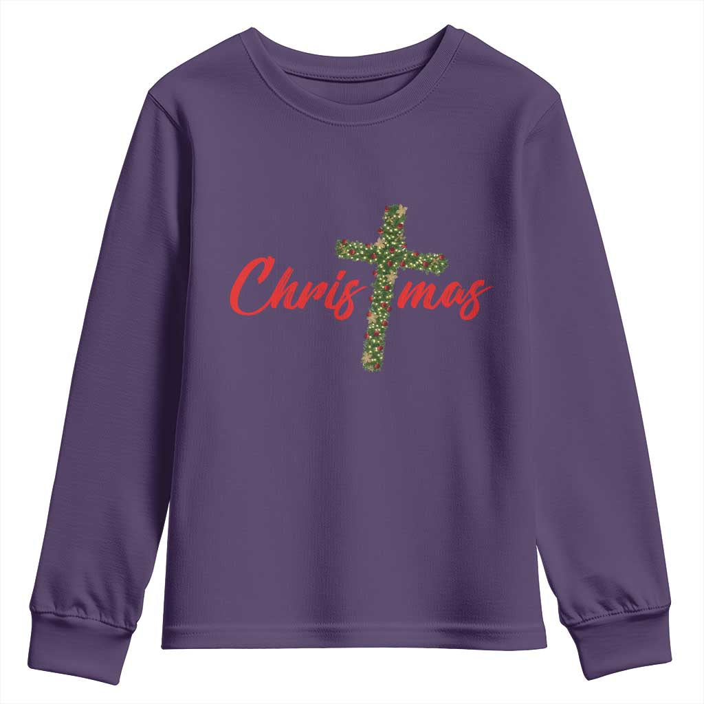 Christian Christmas Youth Sweatshirt Cross Lights Faith - Wonder Print Shop