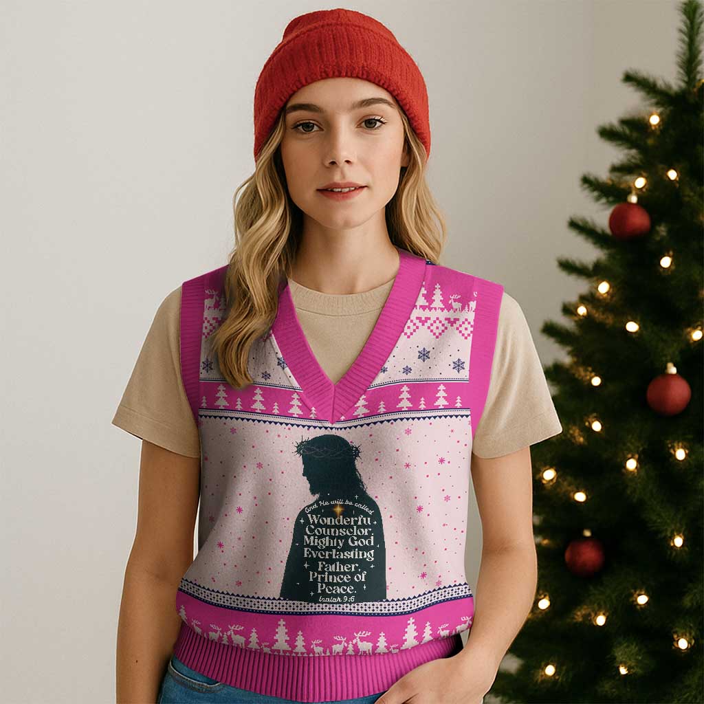 Christian Jesus V-Neck Knit Sweater Vest Cross Bible Verse Inspirational Isalah 9:6 - Wonder Print Shop