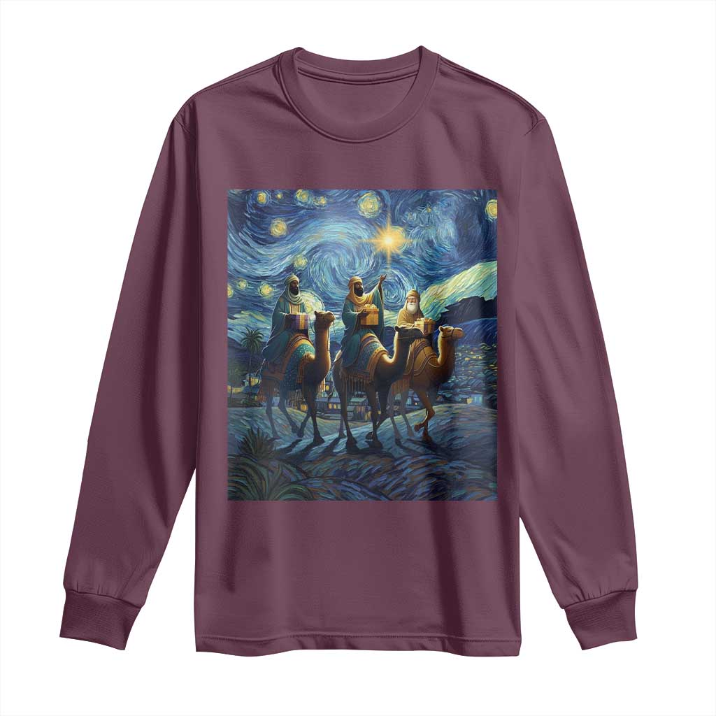 Three Kings Long Sleeve Shirt Nativity Scene Starry Night Christian Christmas - Wonder Print Shop