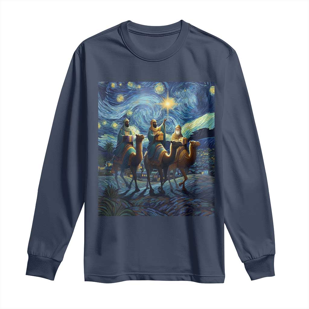 Three Kings Long Sleeve Shirt Nativity Scene Starry Night Christian Christmas - Wonder Print Shop
