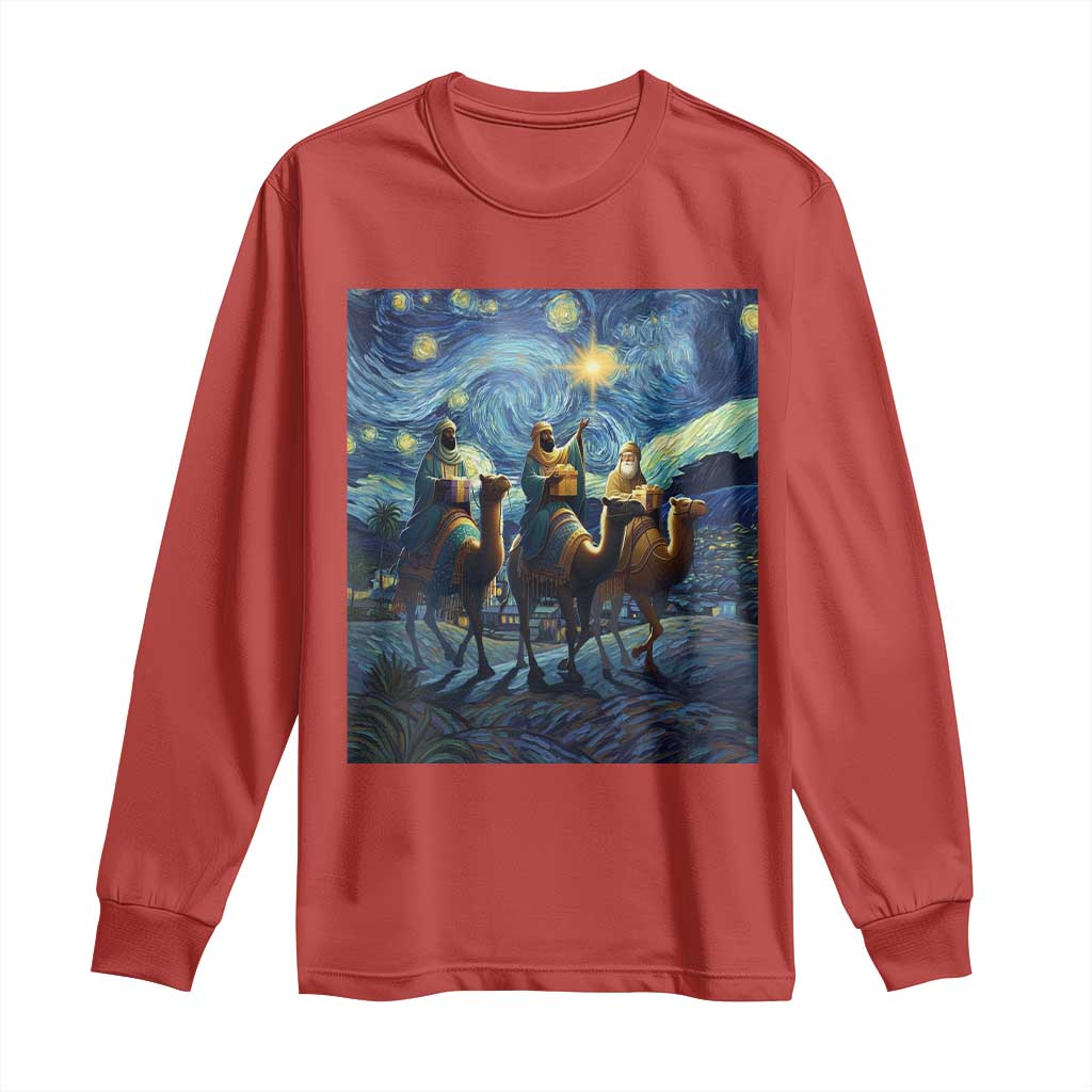 Three Kings Long Sleeve Shirt Nativity Scene Starry Night Christian Christmas - Wonder Print Shop