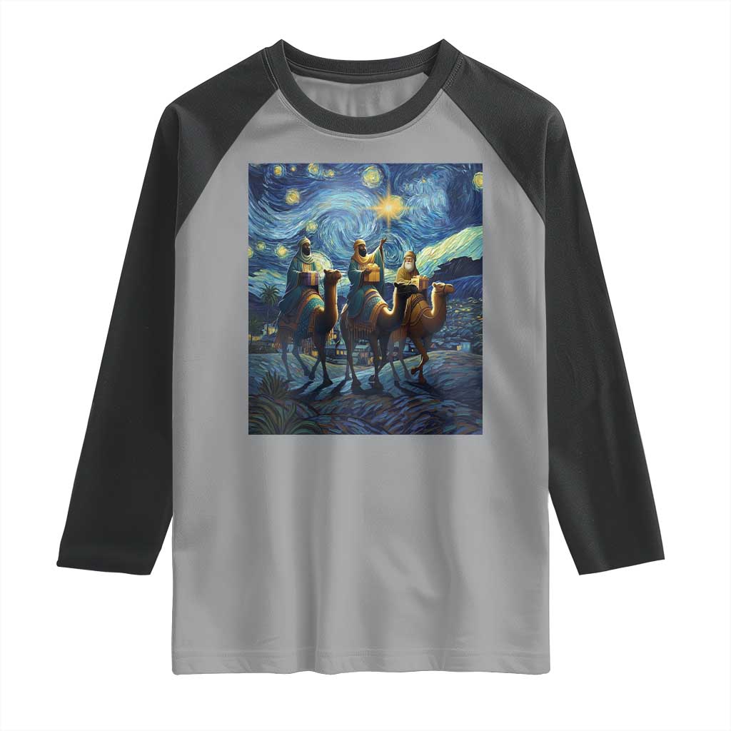 Three Kings Raglan Shirt Nativity Scene Starry Night Christian Christmas - Wonder Print Shop