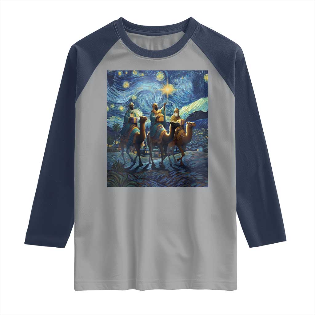 Three Kings Raglan Shirt Nativity Scene Starry Night Christian Christmas - Wonder Print Shop