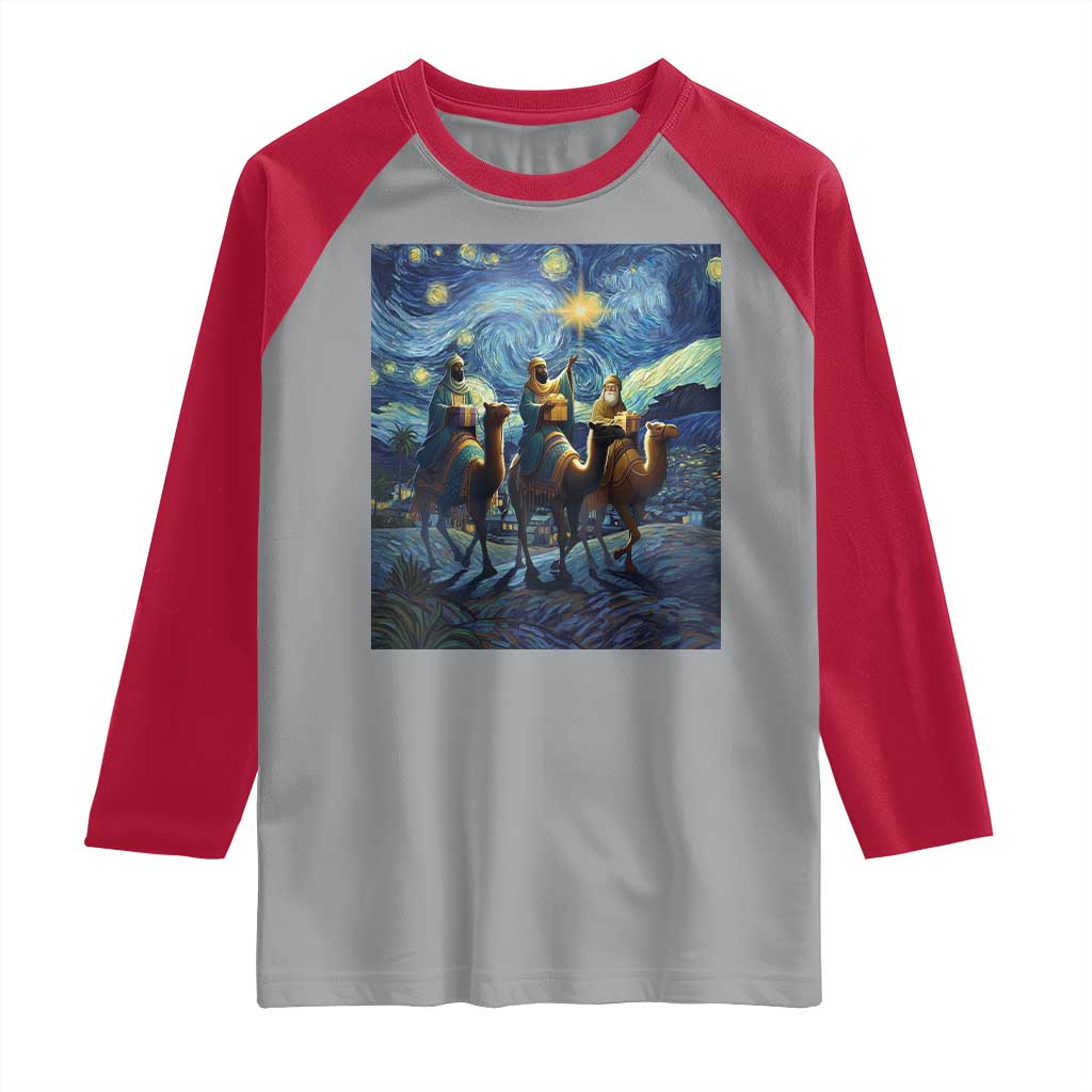 Three Kings Raglan Shirt Nativity Scene Starry Night Christian Christmas - Wonder Print Shop
