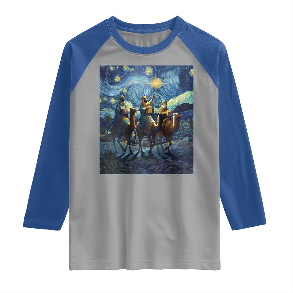 Three Kings Raglan Shirt Nativity Scene Starry Night Christian Christmas - Wonder Print Shop